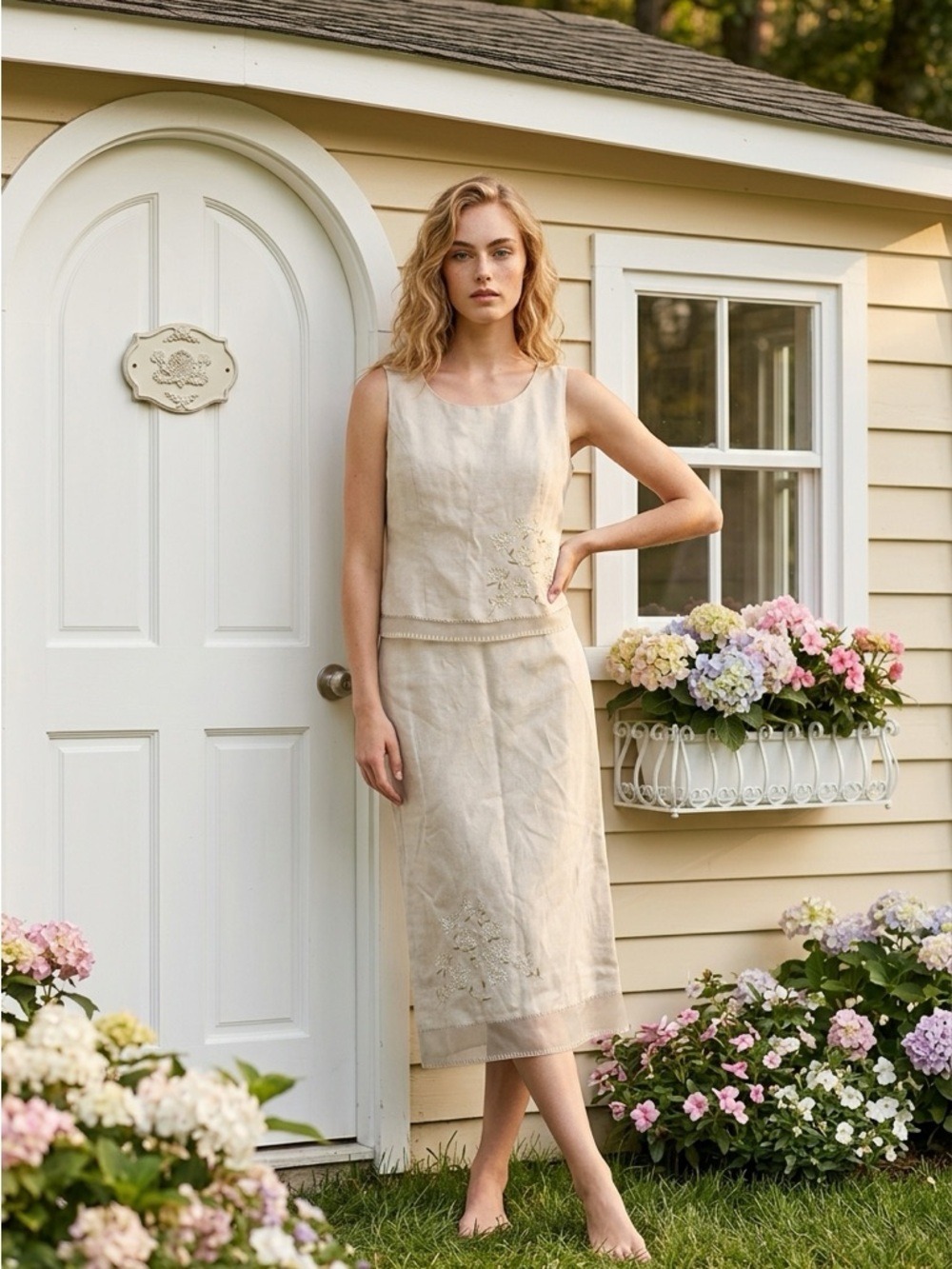 ITS'PER-FIT Embroidered Beige Linen Sleeveless outfit